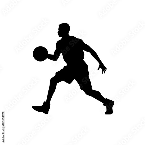 Basketball Player Jumping to Shoot Silhouette, Silhouette of a basketball player leaping to shoot the ball, emphasizing athleticism, movement, and action against a white background.

