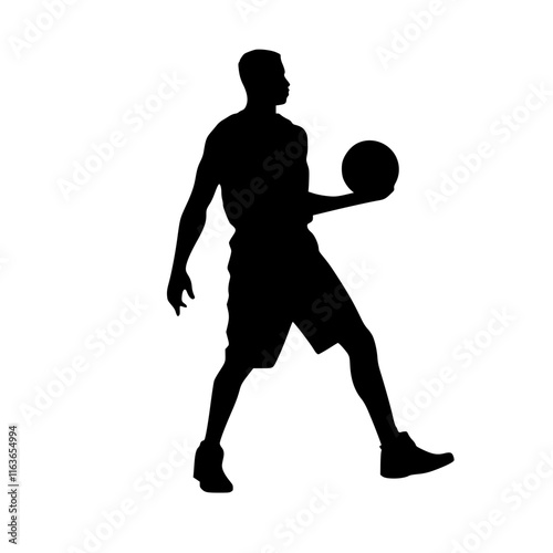 Basketball Player Jumping to Shoot Silhouette, Silhouette of a basketball player leaping to shoot the ball, emphasizing athleticism, movement, and action against a white background.

