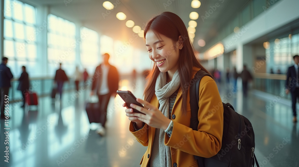 Tourists use smartphones to send text messages before boarding their flight at the airport. Tourists use smartphones to send text messages before boarding their flight at the airport.