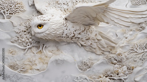 Detailed carving of a snowy owl in flight, amidst a winter landscape. photo