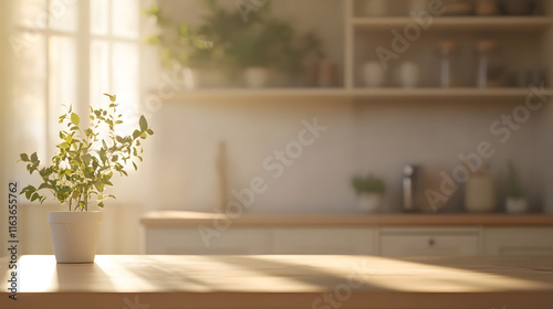 Bright and Airy Kitchen Scene Featuring an Empty Counter with a Potted Plant Bathed in Warm Natural Light Creating a Cozy Atmosphere