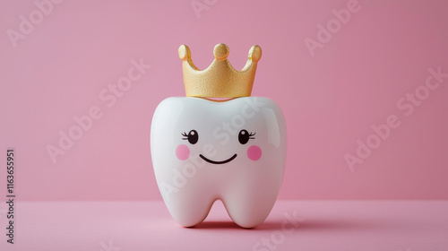 Cute cartoon tooth with a golden crown on a pink background, representing dental health and children's oral care, bringing joy and fun to brushing teeth.