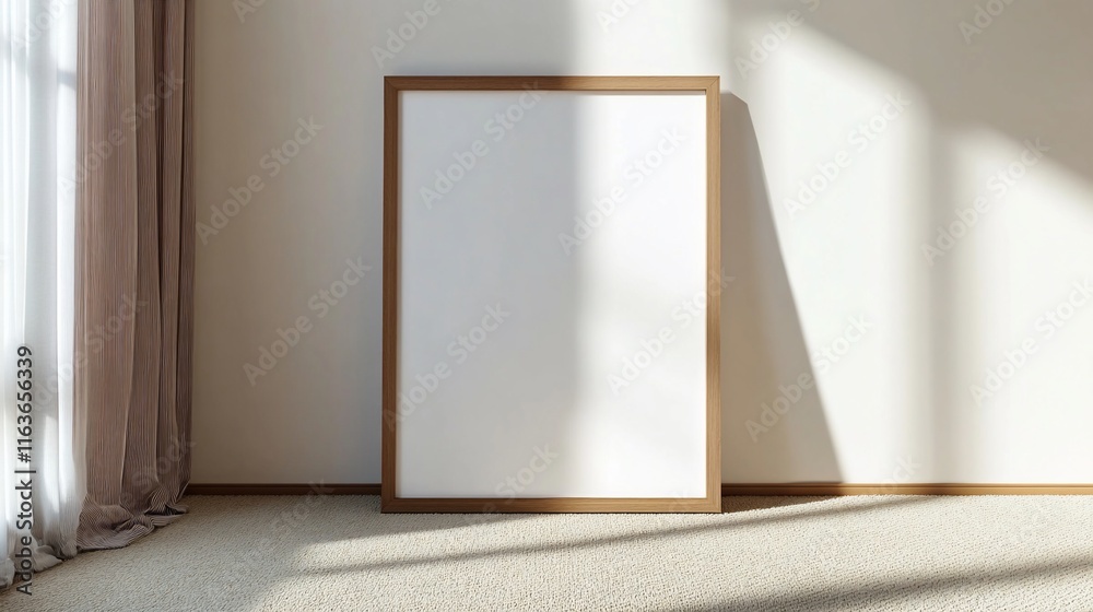 A blank framed canvas leaning against a wall in a sunlit room. A blank framed canvas leaning against a wall in a sunlit room.