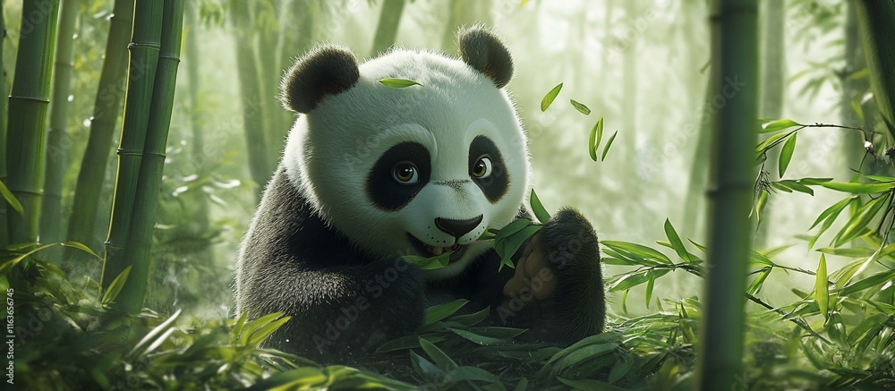 Obraz premium Cute panda eating bamboo in a lush bamboo forest.