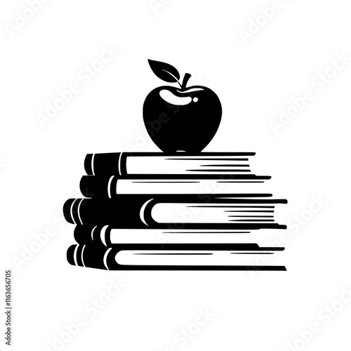 Apple Resting on Stack of Books, Illustration of an apple placed on top of a stack of three books, symbolizing education and knowledge in black and white.

