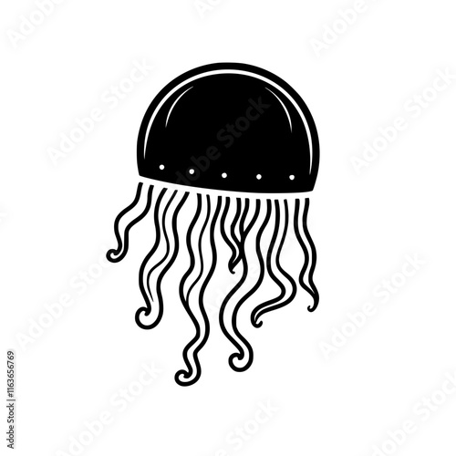 Jellyfish Illustration with Flowing Tentacles, Black and white illustration of a jellyfish with a dome-shaped body and long, flowing tentacles on a plain background.

