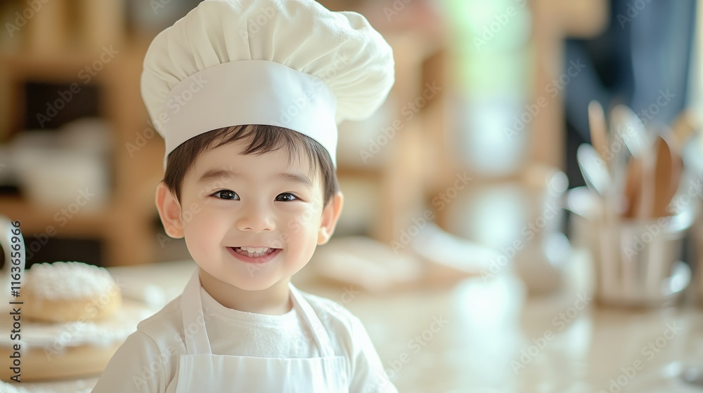 Cute Asian little boy wearing white chef's hat apron smiles in kitchen surrounded by baking tools cake pan mixing bowls spoon Cute Asian little boy wearing white chef's hat apron smiles in kitchen surrounded by baking tools cake pan mixing bowls spoon