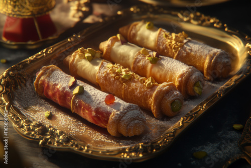 A platter of assorted cannoli, including classic and chocolate-dipped versions, with pistachios and candied fruits on top, with copy space. Soft golden light. photo