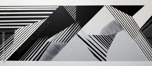 Abstract geometric pattern with black and white lines and shapes.