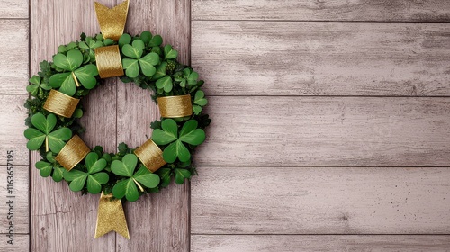 St. Patrick's Day Concept, Elegant St. Patrick's Day Wreath Decorated with Green Clovers and Gold Accents on Rustic Wood Background photo