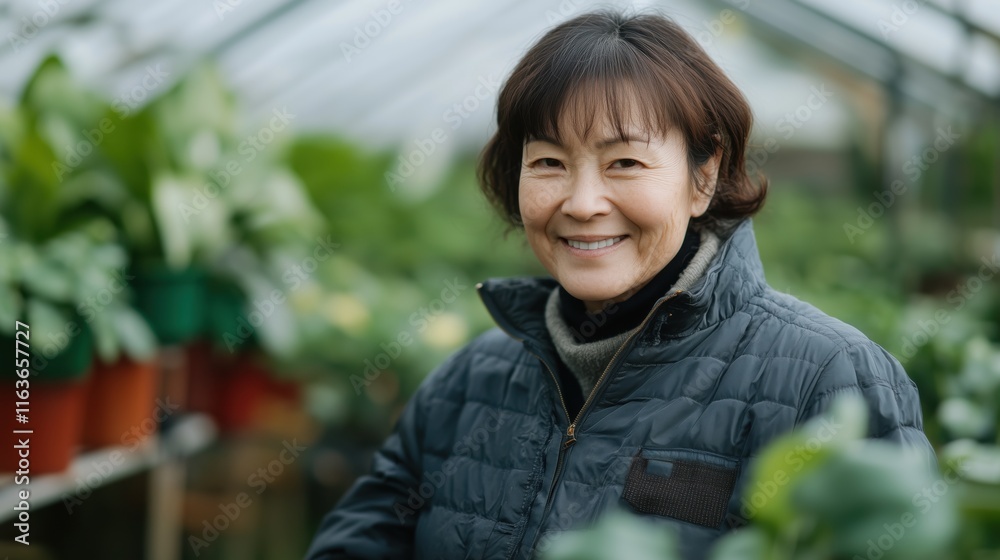 Middle-aged Asian Japanese woman wearing black gray down jacket smiles at camera standing at greenhouses vegetables growing Middle-aged Asian Japanese woman wearing black gray down jacket smiles at camera standing at greenhouses vegetables growing