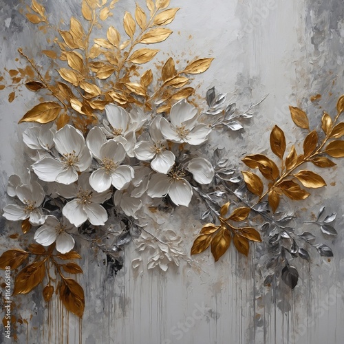 Abstract oil painting art. Flower and leaves painting. Elegant White, golden and silver. wallpapers, banners, posters, cards, murals, rugs, wall hanging paintings.

