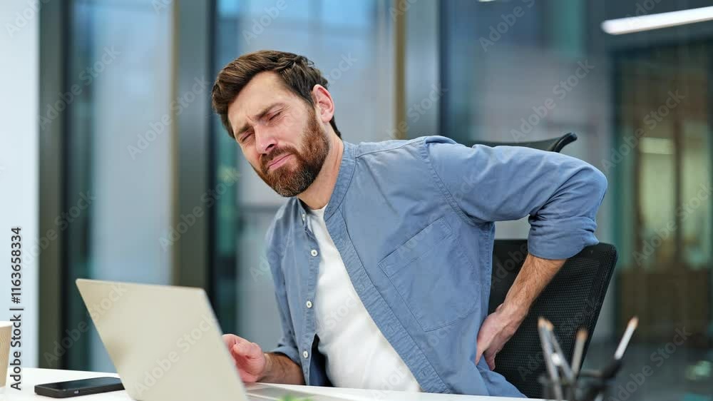 Young businessman with a beard in casual clothes sits in a chair at his desk in the office, working at a computer and experiences severe back pain.