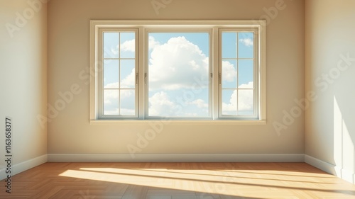 Empty room with large window showcasing a bright, sunny sky photo