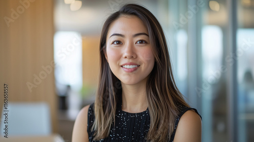 Free Download A young Asian woman posing for a photo in an office setting, dressed in elegant attire. The scene is professional, with soft lighting highlighting her confident and stylish demeanor. - GFXLoad