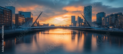 Dublin city skyline at sunrise over the river Liffey.