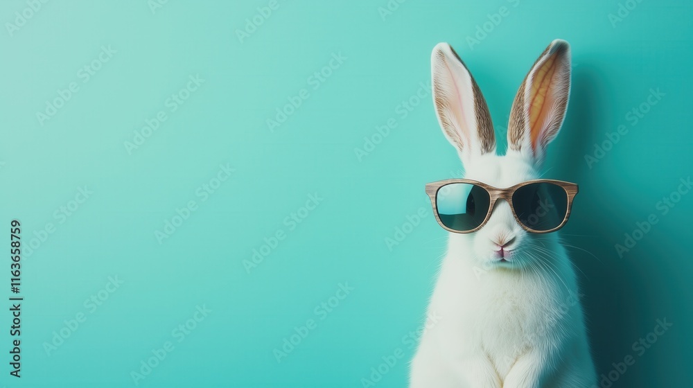 Cute, smiling rabbit wearing sunglasses, isolated on a blue background