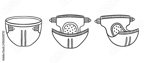 Baby diapers line drawing, outline. Diapers different angles, diaper changing, infant hygiene