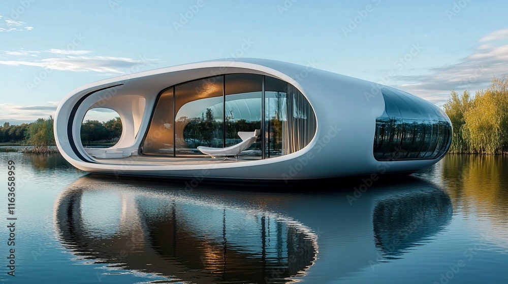 Obraz premium Futuristic, floating house on a tranquil lake, modern architecture, smooth curves, glass walls, serene, 