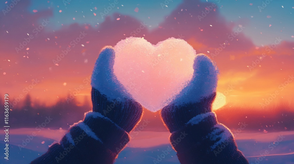 Obraz premium Hands holding a glowing heart-shaped snowball at winter sunset.