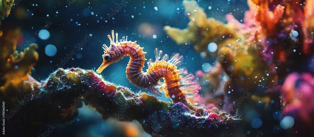 Fototapeta premium Colorful pygmy seahorse on vibrant coral reef.