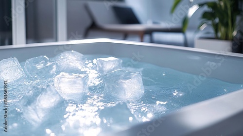 A serene indoor hot tub filled with crystal-clear water and ice cubes, creating a tranquil atmosphere.