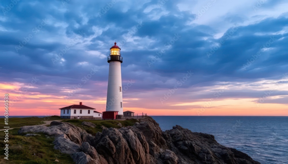 Lighthouse on a rocky coast at sunset. Serene coastal scene with dramatic sky. Lighthouse on a rocky coast at sunset. Serene coastal scene with dramatic sky.