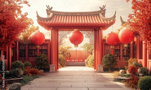 Traditional Chinese temple autumn festival or chinese new year gate  background photo