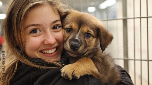 Wallpaper Mural A joyful young girl of Caucasian descent holds a cute puppy while smiling in an animal shelter. Torontodigital.ca