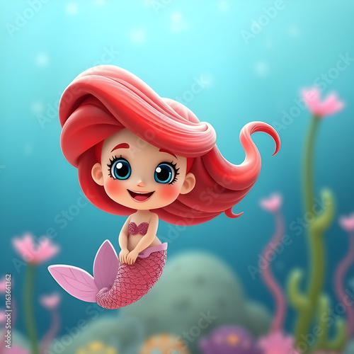 cute little mermaid with red hair cartoon 3D character 