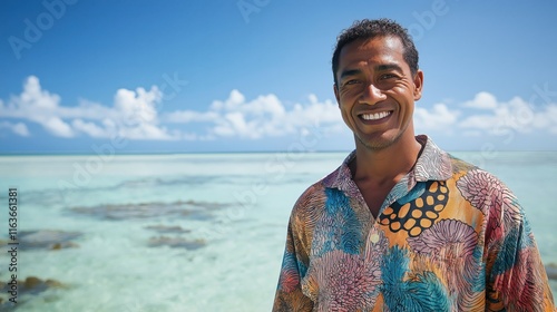 Fijian man wearing traditional colourful shirt standing on beach ocean in background blue sky clear water photo