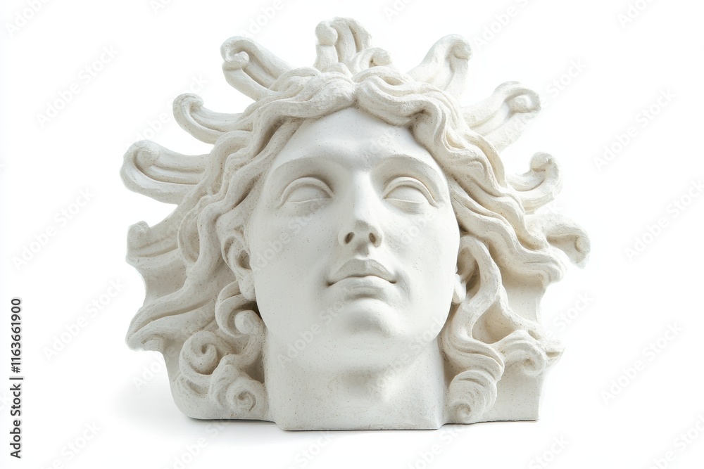 Isolated white gypsum replica of Apollo s head a plaster bust resembling a Renaissance po Isolated white gypsum replica of Apollo s head a plaster bust resembling a Renaissance po