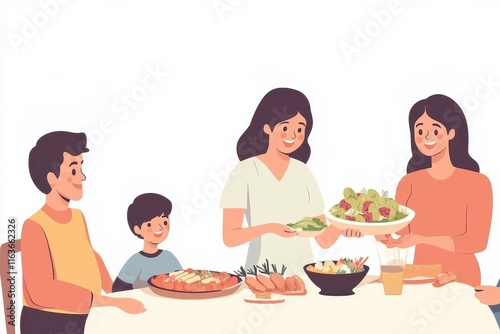 Joyful extended family sharing lunch at home with a young woman serving salad
