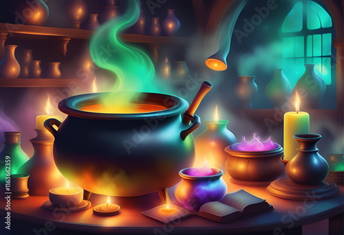 magic cauldron with fire