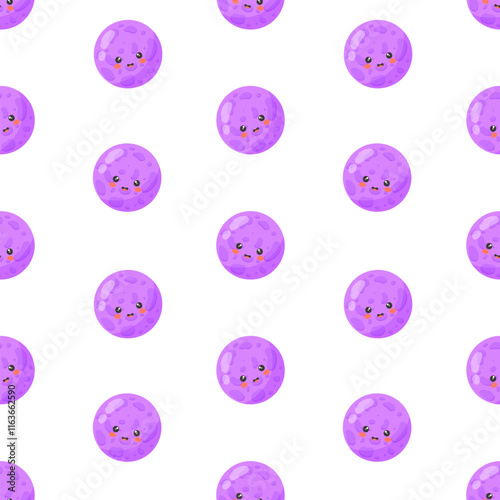 Purple kid kawaii planet vector seamless pattern. Galaxy, space, universe. Background, print, fabric