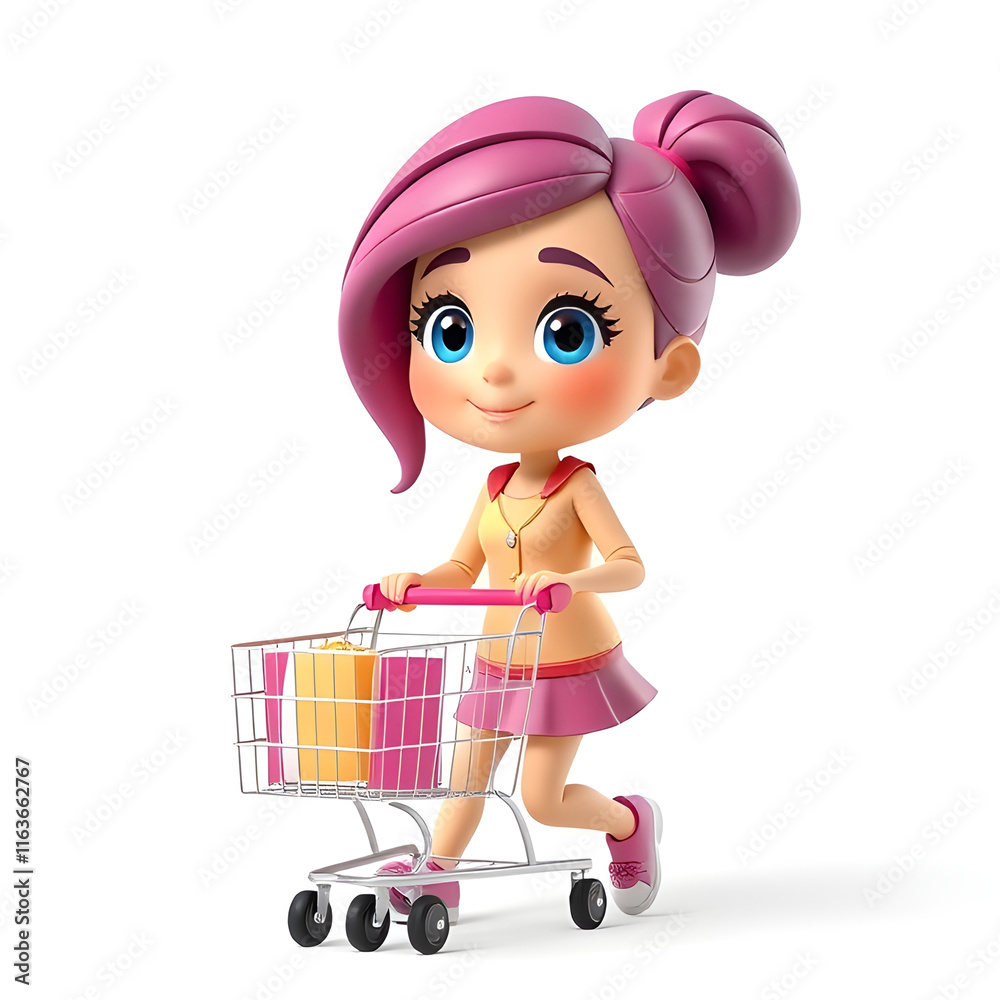 girl with shopping cart cartoon 3D character girl with shopping cart cartoon 3D character