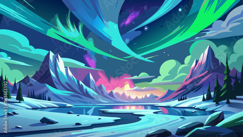 A breathtaking view of the Northern Lights over a snowy tundra, the sky alive with vibrant greens and purples dancing above the icy landscape