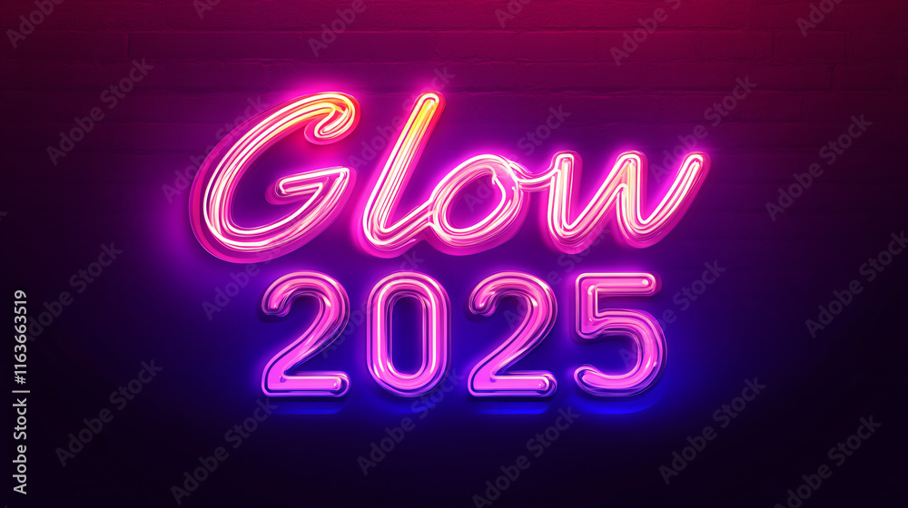Obraz premium Vibrant neon sign reading Glow 2025 vivid pink purple hue illuminating dark atmospheric background modern futuristic aesthetics urban night new year celebration affirmation goal party club pub