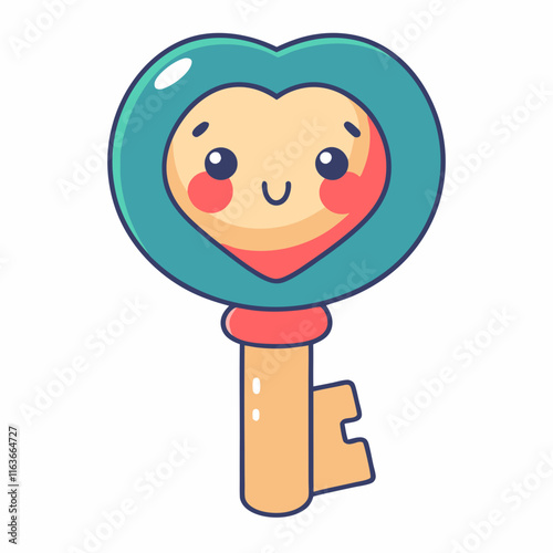 Heart-shaped key design digital art playful style vibrant colors cartoonish aesthetic whimsical concept