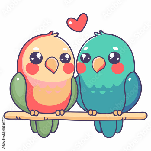 Cute cartoon lovebirds on a branch digital artwork whimsical bright colors playful concept