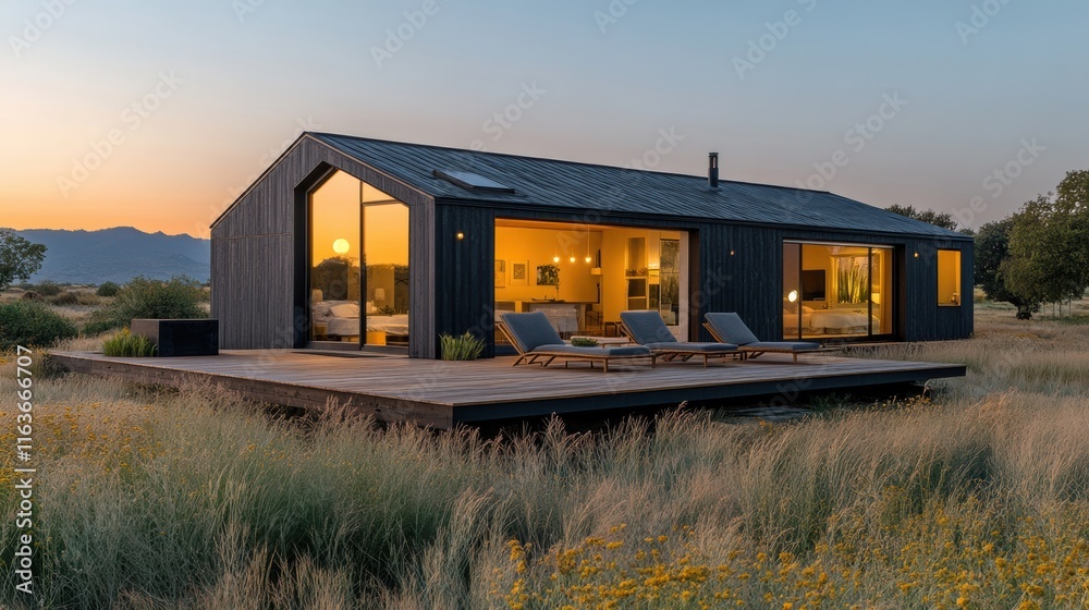 Contemporary modular prefabricated home in wild grass field sunset scene architectural photography natural environment wide angle view modern living concept Contemporary modular prefabricated home in wild grass field sunset scene architectural photography natural environment wide angle view modern living concept