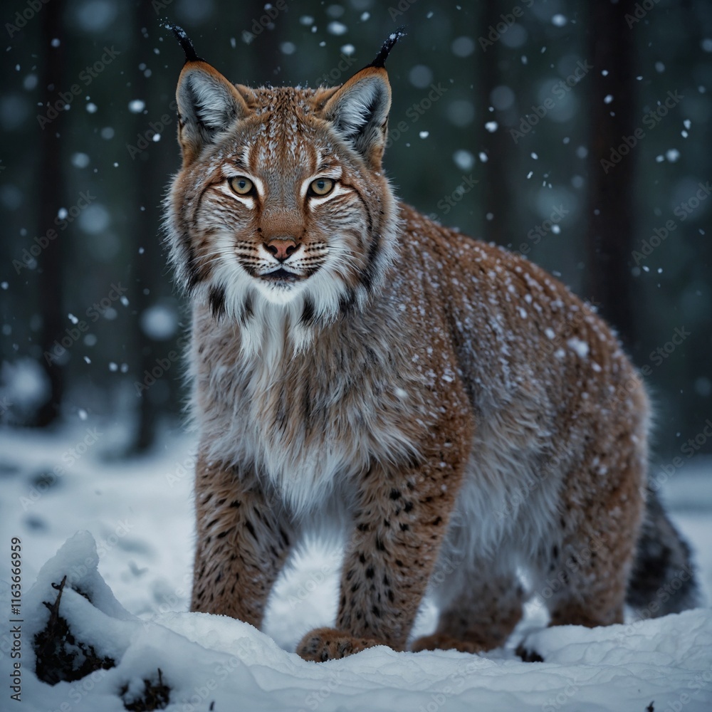 Obraz premium A lynx cub with glowing neon fur prowling in the forest, with blurred snowfall.