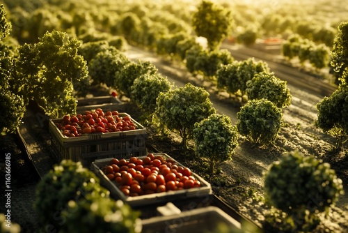 Miniature model of a vegetable farm with tomato crates and trees. Sunlight filters through the plants. photo