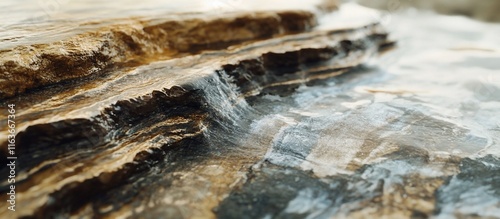 Close-up of a miniature rock formation with a cascading waterfall.