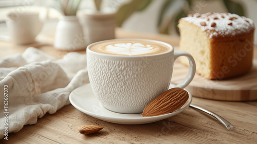 A hot, creamy latte in a white ceramic cup, served with a slice of almond cake on the side, placed on a wooden table with a soft, warm ambiance, creating a cozy, inviting atmosphere perfect for relaxa photo