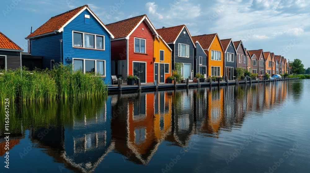 Colorful dutch row houses reflected in calm waters zaanstad high-resolution photography serene environment wide angle view architectural beauty Colorful dutch row houses reflected in calm waters zaanstad high-resolution photography serene environment wide angle view architectural beauty