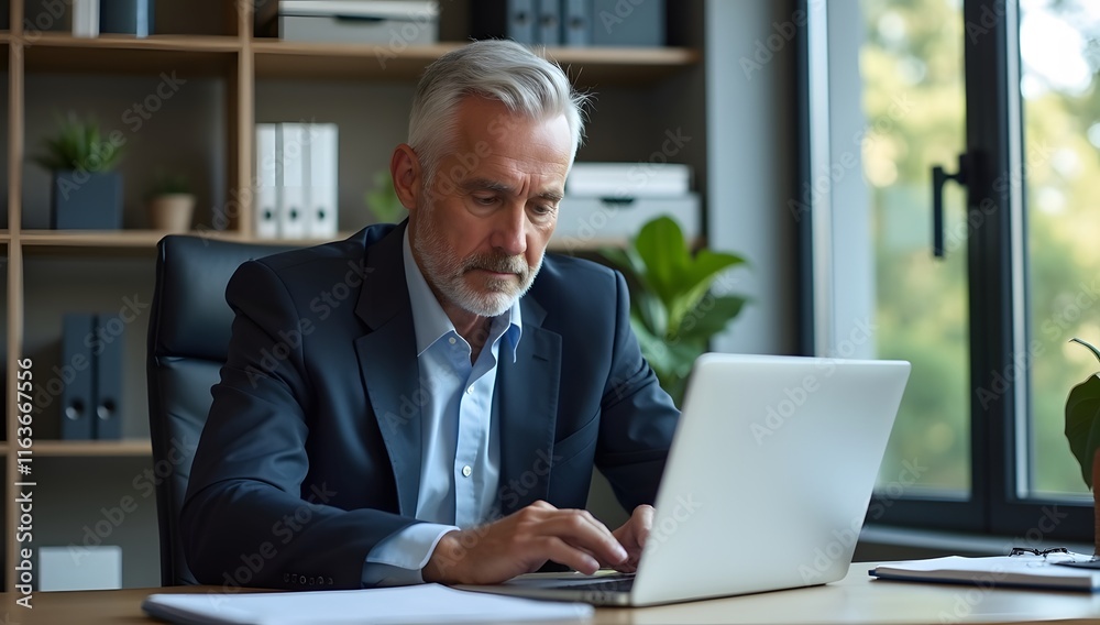 A confident businessman smiling in a suit at the office A confident businessman smiling in a suit at the office