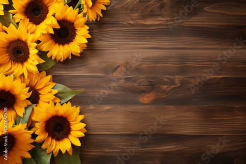 Top view of sunflower on brown wooden background with copy space