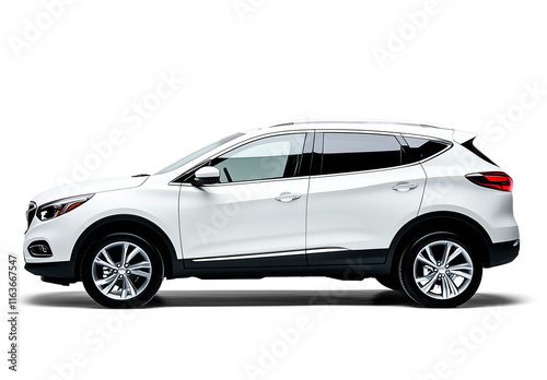 White SUV with sleek design, modern crossover vehicle, chrome accents, aerodynamic shape, isolated on transparent background, high-resolution automotive photography, PNG format
 photo