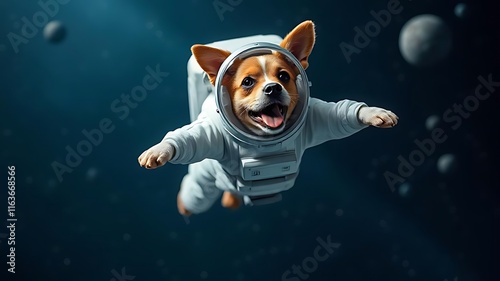 A dog in a spacesuit flies through space